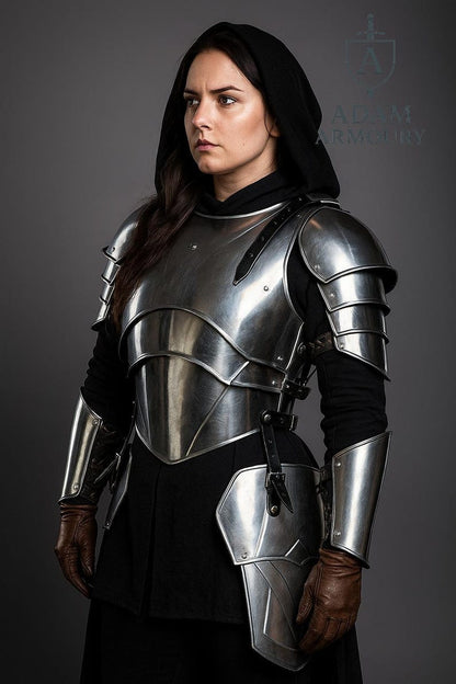 Front view of female armor cosplay half body set with steel corset and tassets