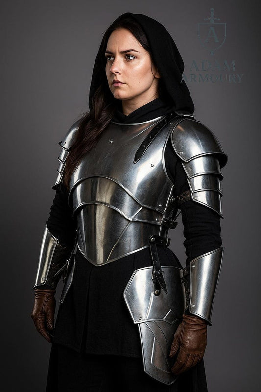 Front view of female armor cosplay half body set with steel corset and tassets