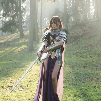 Side profile showing detail of the leather and steel construction of women's medieval LARP armor suit.