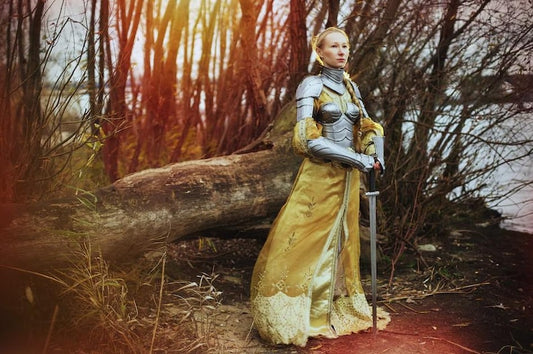 Female Fantasy Steel Armor Set front view with full LARP cosplay fit