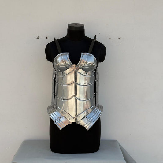 Front view of female fantasy steel cuirass corset set Queen of the Lake lady armor