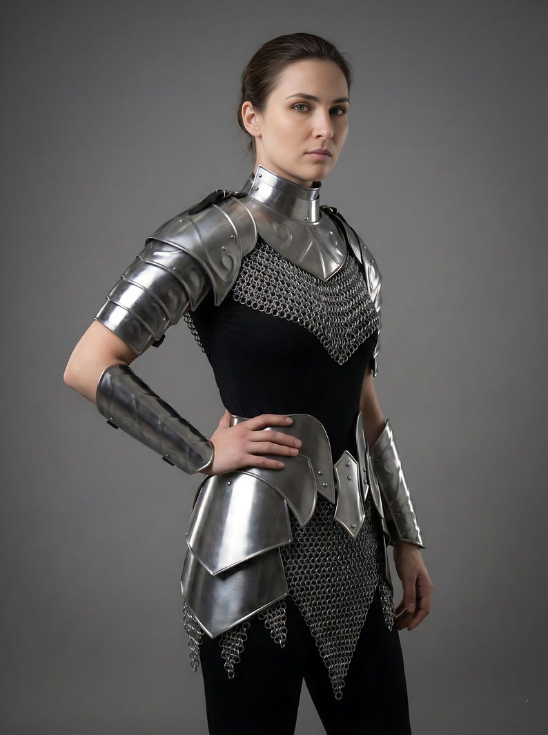 Female knight LARP cosplay armor set with chainmail and bracers