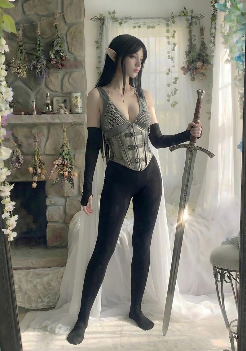 Female knight armor for medieval cosplay, including steel corset and chainmail bra, Renaissance Faire costume