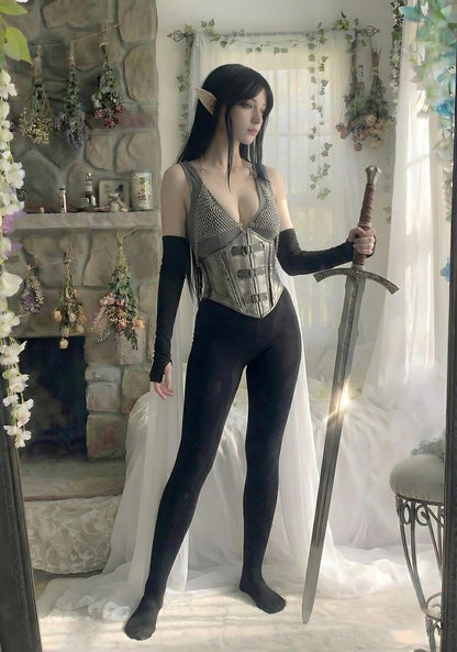 Female knight armor for medieval cosplay, including steel corset and chainmail bra, Renaissance Faire costume