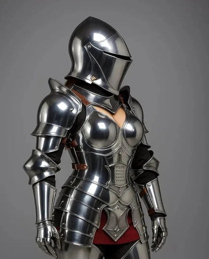 Female knight steel armor with polished cuirass, helmet and pauldrons for medieval cosplay, LARP and reenactment