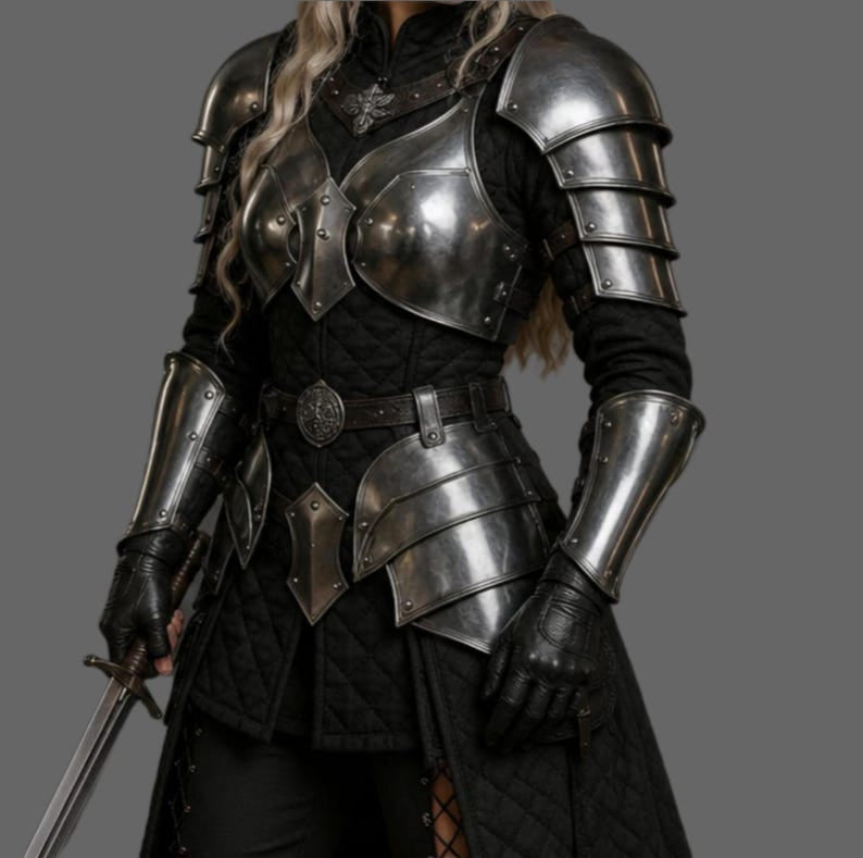 Female LARP Knight Armor with steel arm guards, elbow protection, and medieval breastplate
