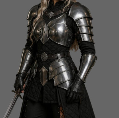 Female LARP Knight Armor with steel arm guards, elbow protection, and medieval breastplate