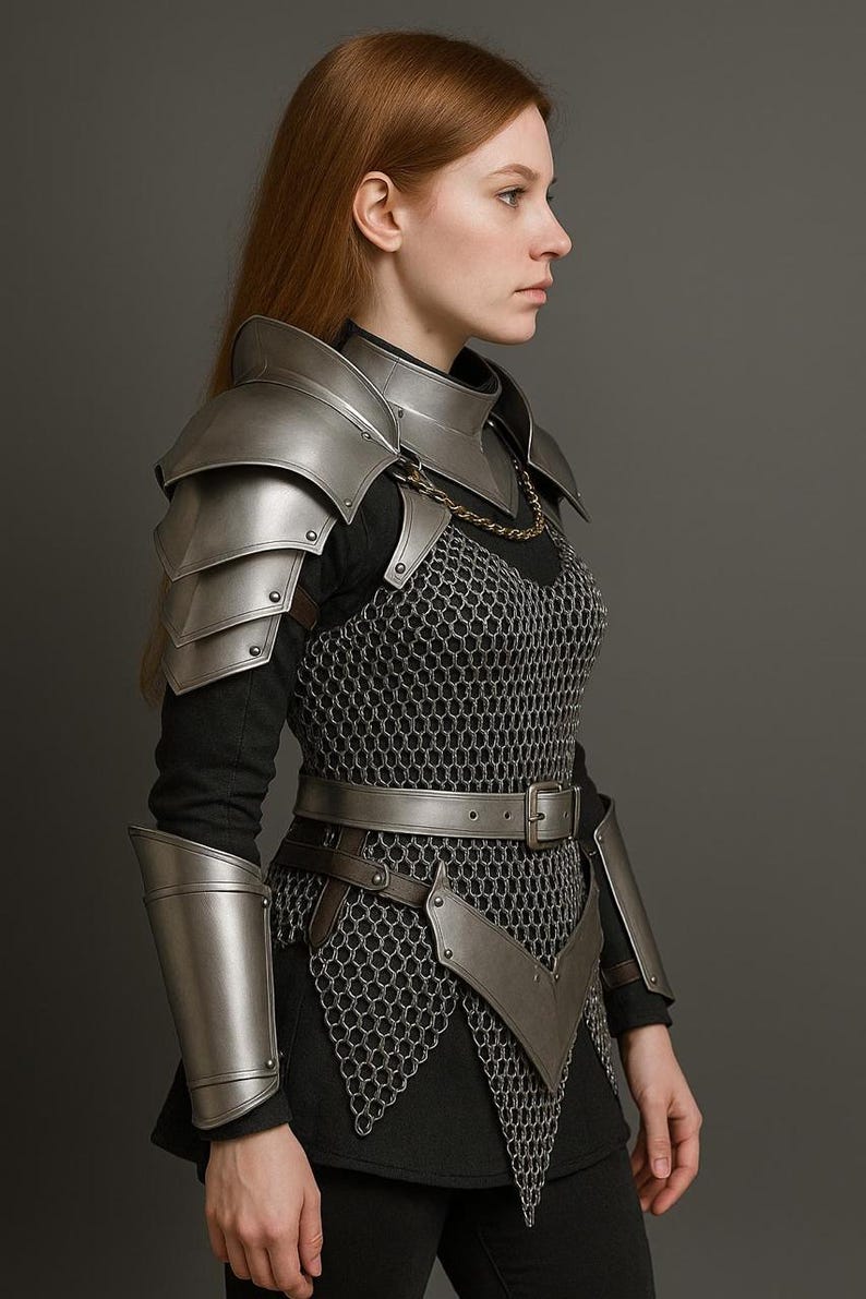 Female Medieval Armor featuring Steel Bracers and Gorget for Fantasy Cosplay or Renaissance Events