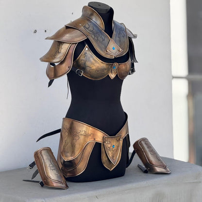 Handmade female medieval armor suit made from polished steel and leather for fantasy cosplay