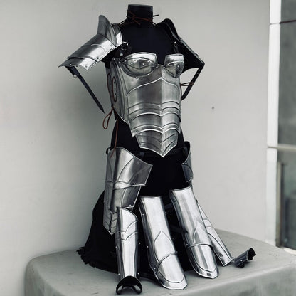 Side profile of full body female armor suit made from 18 gauge steel for LARP and cosplay