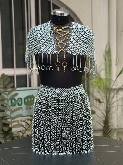 Festival-ready chainmail outfit in golden Valkyrie style with silver accents and bold layered design