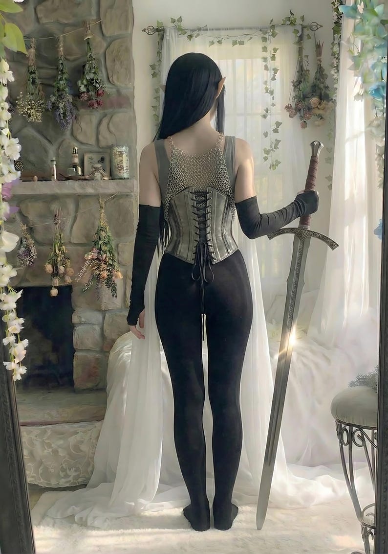 Final Fantasy inspired female knight armor, chainmail bra with steel corset, perfect for cosplay events