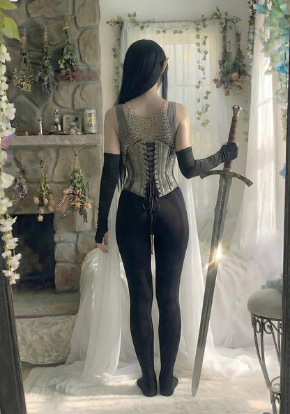Final Fantasy inspired female knight armor, chainmail bra with steel corset, perfect for cosplay events
