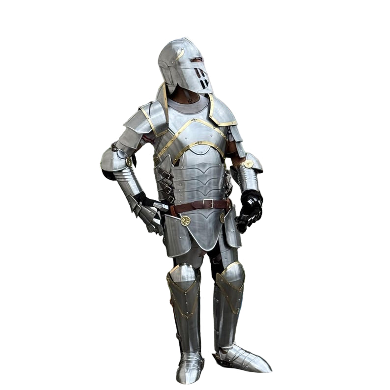 Handcrafted steel full-body armor suit designed for LARP battles and cosplay events
