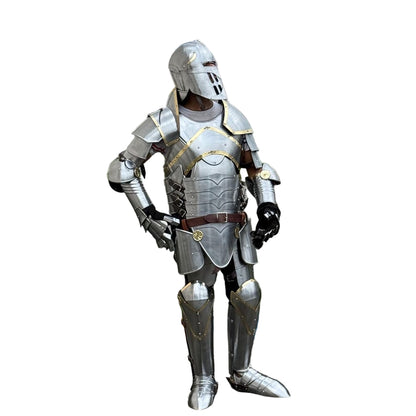 Handcrafted steel full-body armor suit designed for LARP battles and cosplay events