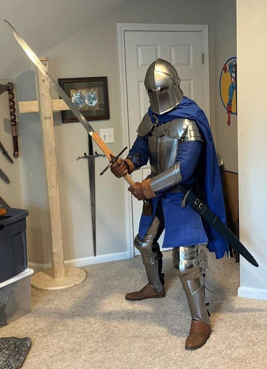 Full body medieval Barbuta knight armor suit made of polished 18 gauge steel.

