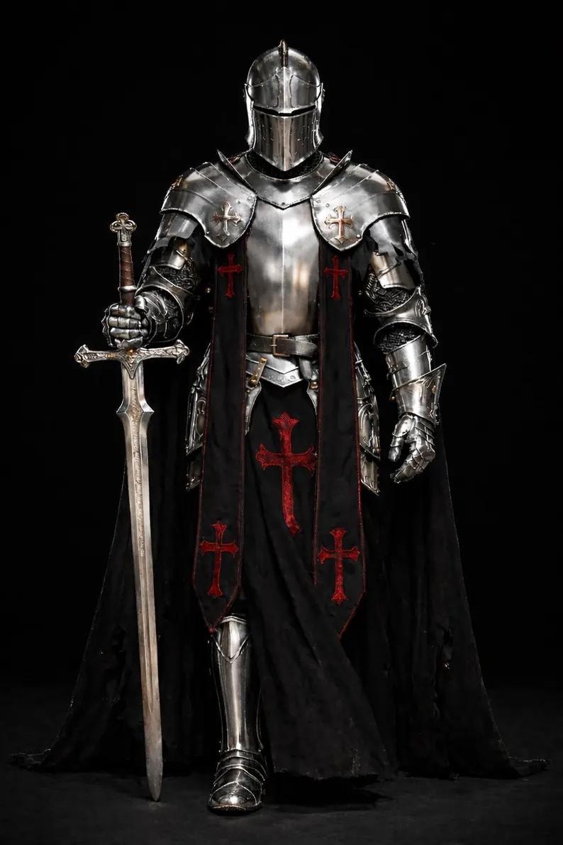 Full Body Barbuta Knight Armor – Medieval Templar Steel Suit for Cosplay & LARP front view