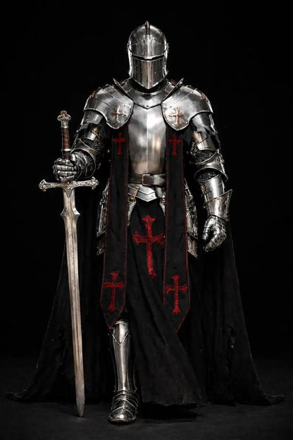 Full Body Barbuta Knight Armor – Medieval Templar Steel Suit for Cosplay & LARP front view