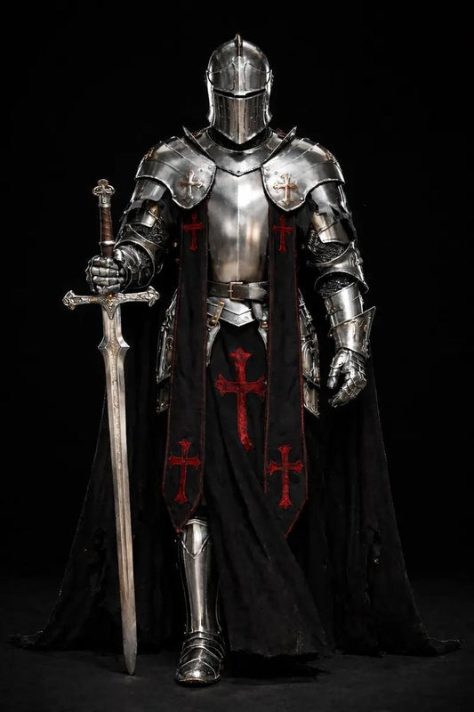 Full Body Barbuta Knight Armor – Medieval Templar Steel Suit for Cosplay & LARP front view