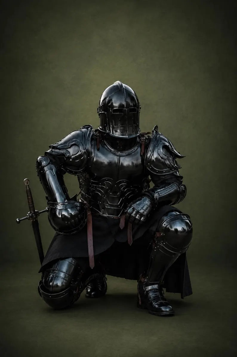 Full body medieval armor with steel breastplate, pauldrons, and gauntlets