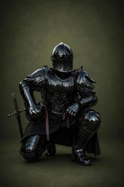 Full body medieval armor with steel breastplate, pauldrons, and gauntlets