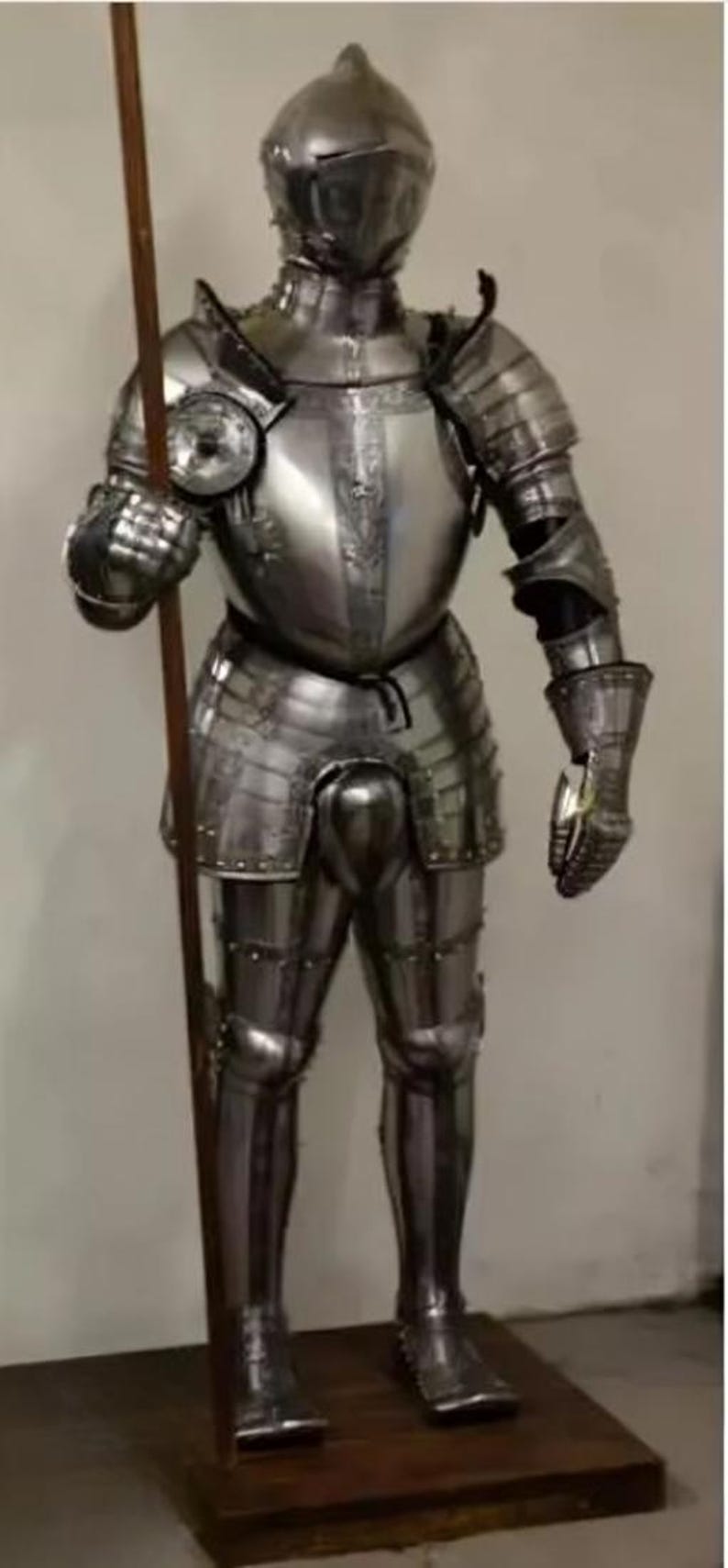 Full body medieval warrior suit side angle showing authentic German Gothic full plate armor