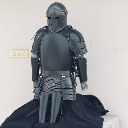 Back view of full body steel knight armor with leg greaves and leather strap fittings for LARP use.