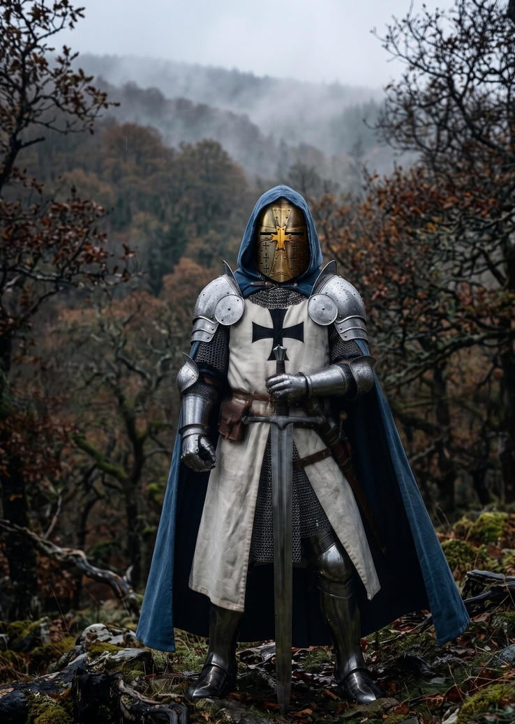 Full Body Wearable Armor Suit featuring 18 gauge steel Teutonic Crusader Knight Costume with chainmail and great helmet for cosplay and reenactment.