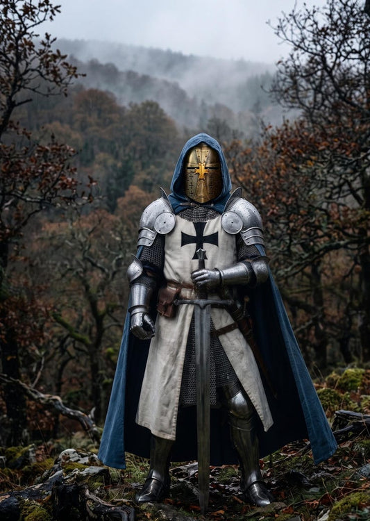 Full Body Wearable Armor Suit featuring 18 gauge steel Teutonic Crusader Knight Costume with chainmail and great helmet for cosplay and reenactment.