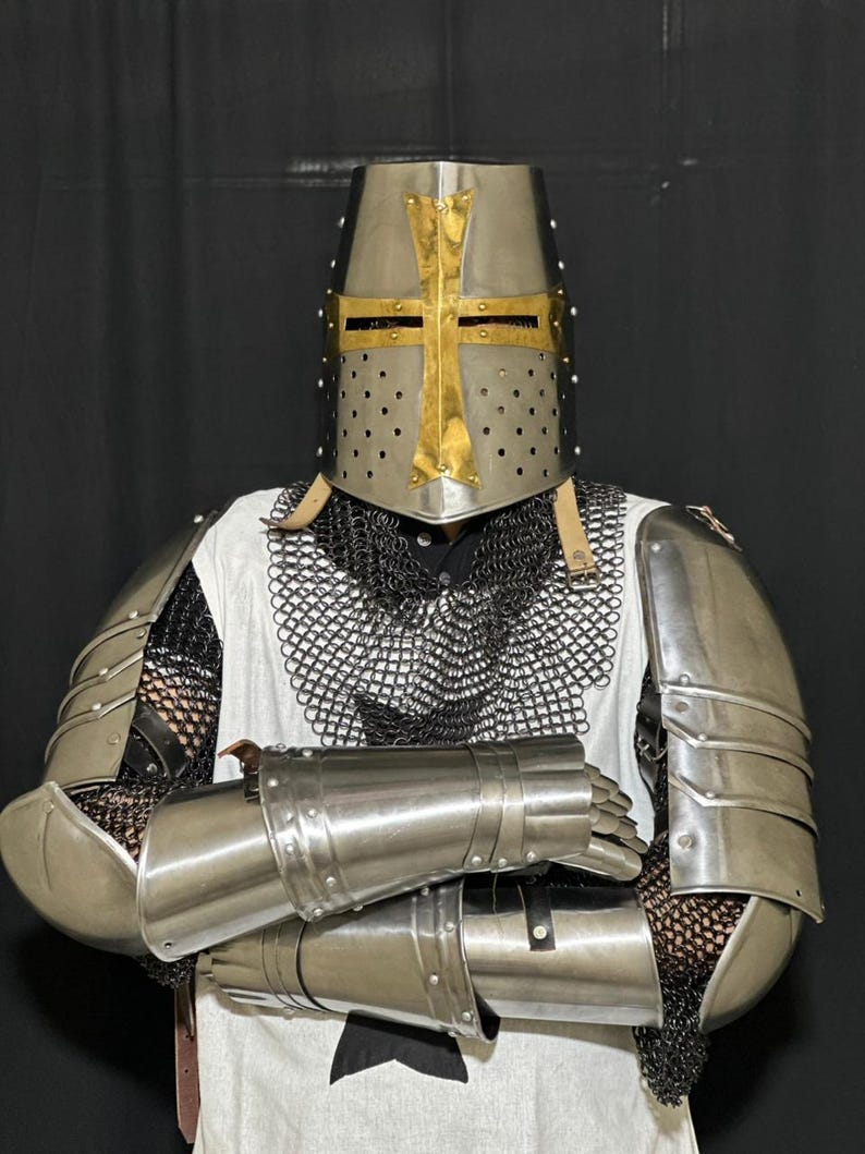 Full knight armor for collectors featuring historical Knights Templar steel armor replica with helmet