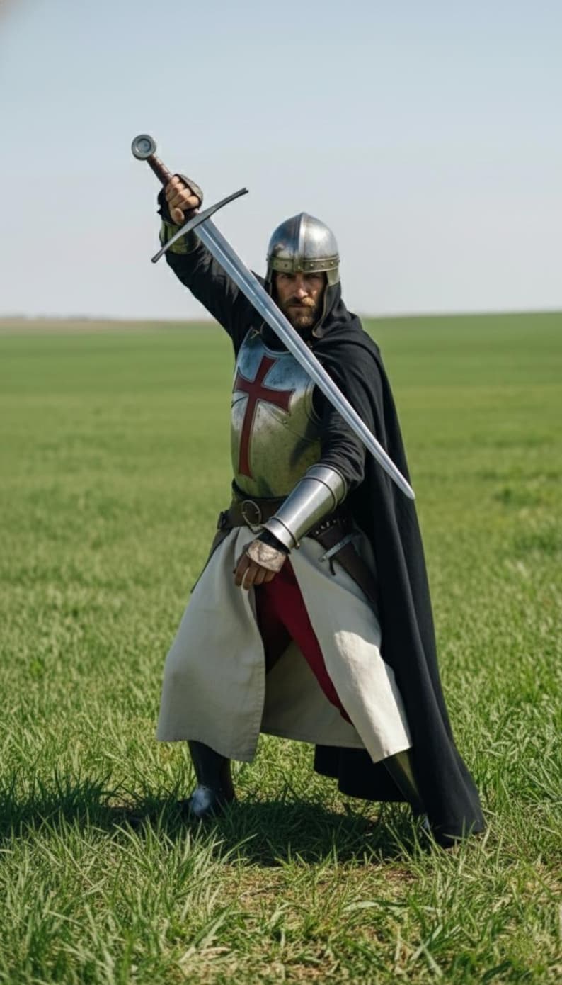 Full Medieval Armor Set featuring a chainmail tunic and bold red cross design, perfect for historical reenactments