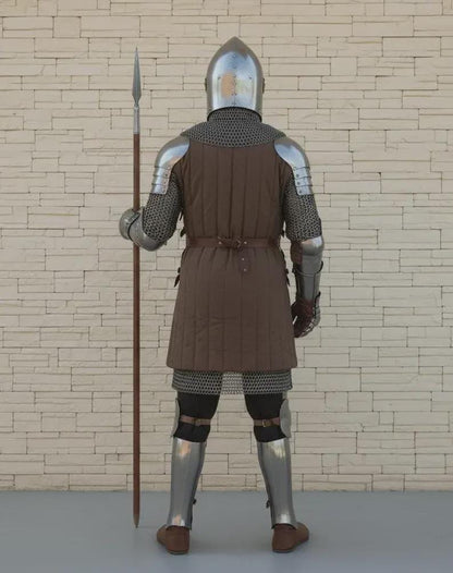 Full medieval Crusader armor front view with Gothic steel plate design and chainmail accents