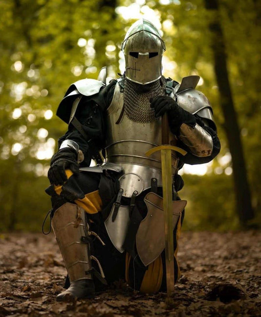 Front view of a full body medieval knight armor set made from 18 gauge steel, displayed on a stand with all components assembled.


