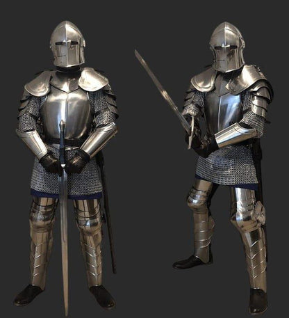 Complete medieval knight armor set with chainmail hauberk and 18 gauge steel full plate components.

