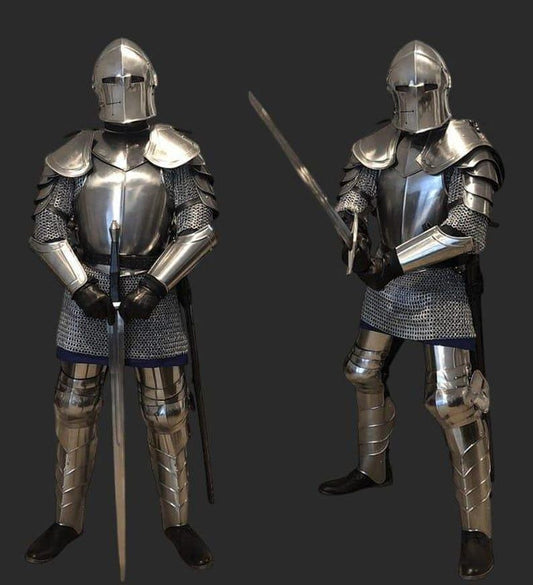 Front view of full medieval knight armor set with helmet and cuirass