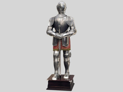 Full Size Knight Etched Spanish Suit of Armour front view with sword and stand

