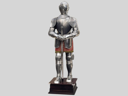Full Size Knight Etched Spanish Suit of Armour front view with sword and stand

