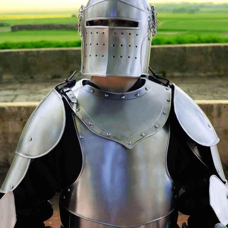 Full steel body armor including shield and arm bracers for medieval cosplay and reenactment
