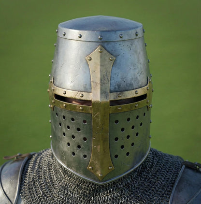 Full steel Crusader armor set with leg armor and steel gauntlets for medieval costume use