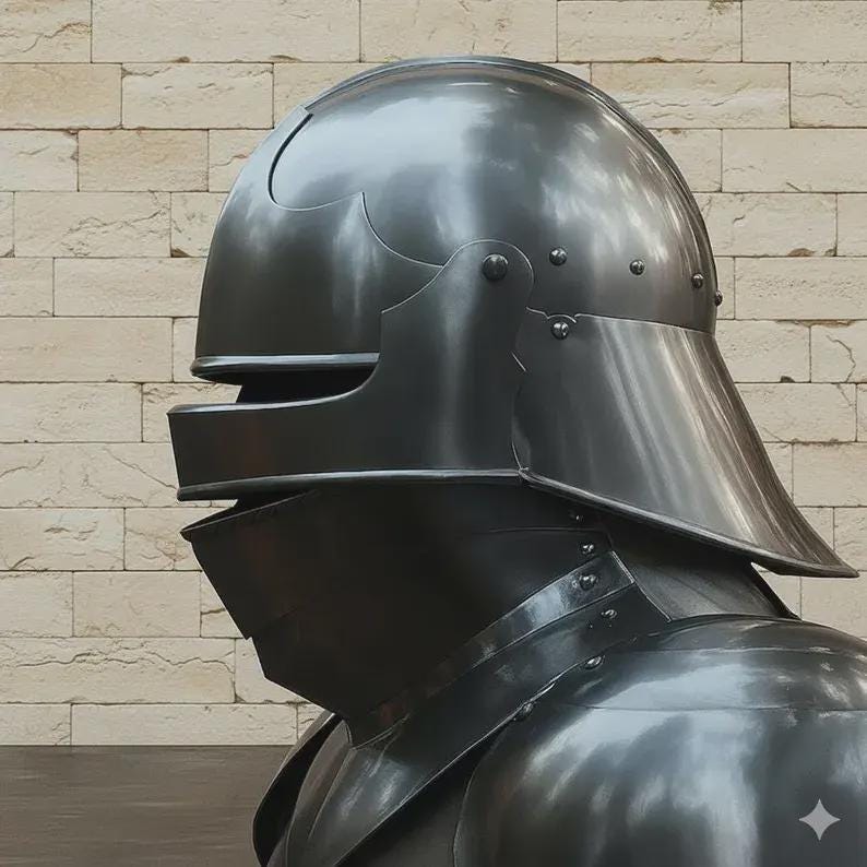 Full steel medieval knight helmet with gorget close-up detailing