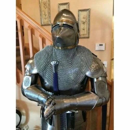 Full suit medieval armor with sword and wooden base for display