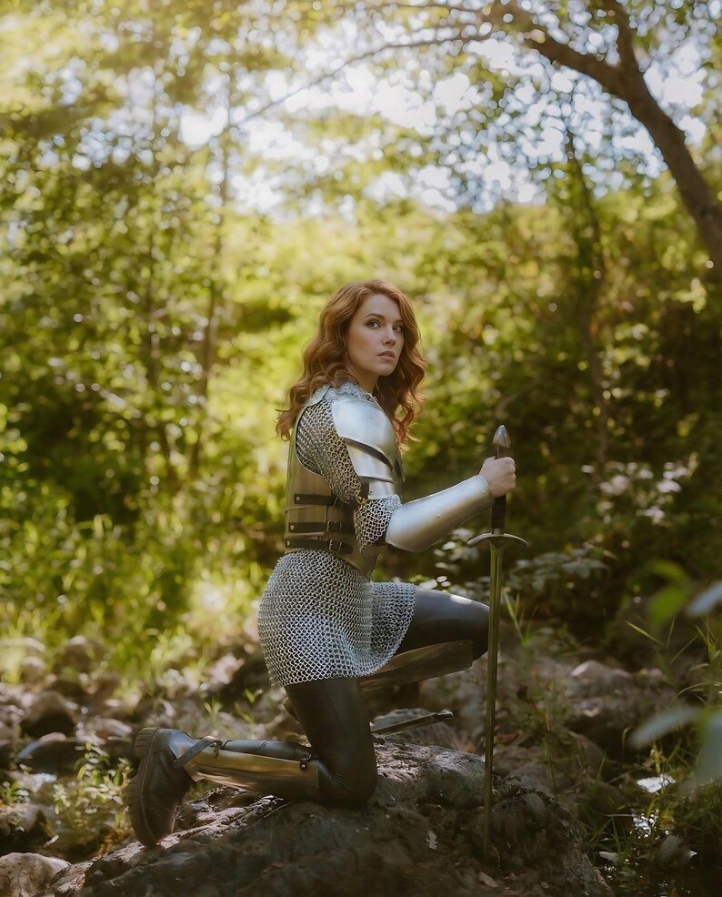 Full Women’s LARP armor set including pauldrons, chainmail, and chestplate, perfect for Ren Faire and medieval cosplay
