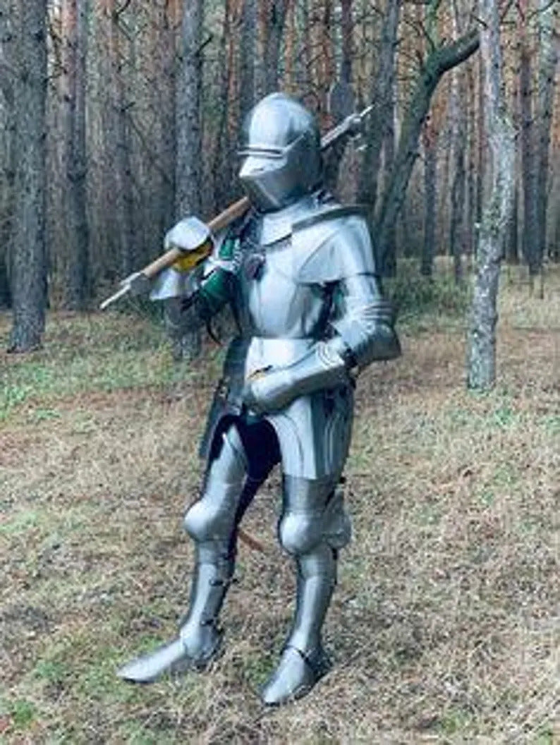 Functional Medieval Full Plate Armor with Poleaxe – Wearable Gothic Battle Armor Set for LARP and Historical Events