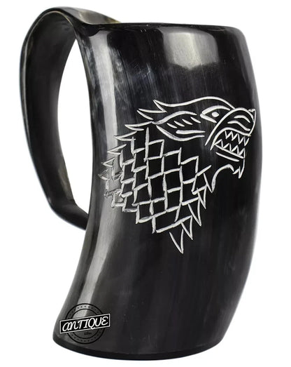 Game of Thrones wolf carved Viking drinking horn mug holding beer