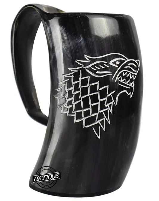 Game of Thrones wolf carved Viking drinking horn mug holding beer