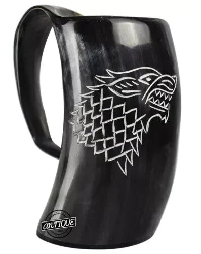 Side view of Game of Thrones Viking horn mug with natural ox horn texture