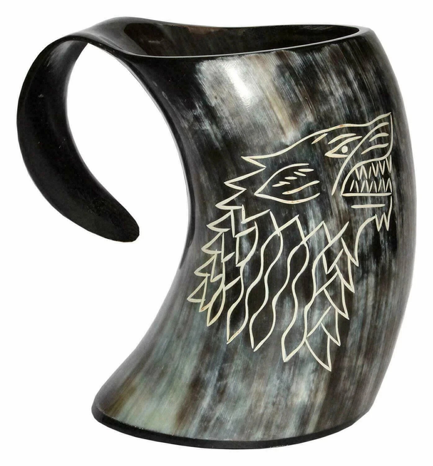 Front view of Game of Thrones wolf carved Viking drinking horn mug