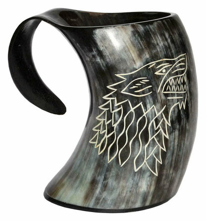 Front view of Game of Thrones wolf carved Viking drinking horn mug