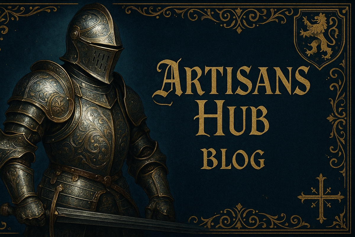 generate a banner for my Medieval Muscle armor blog pose write Artisans Hub and Blog on make aesthetic image