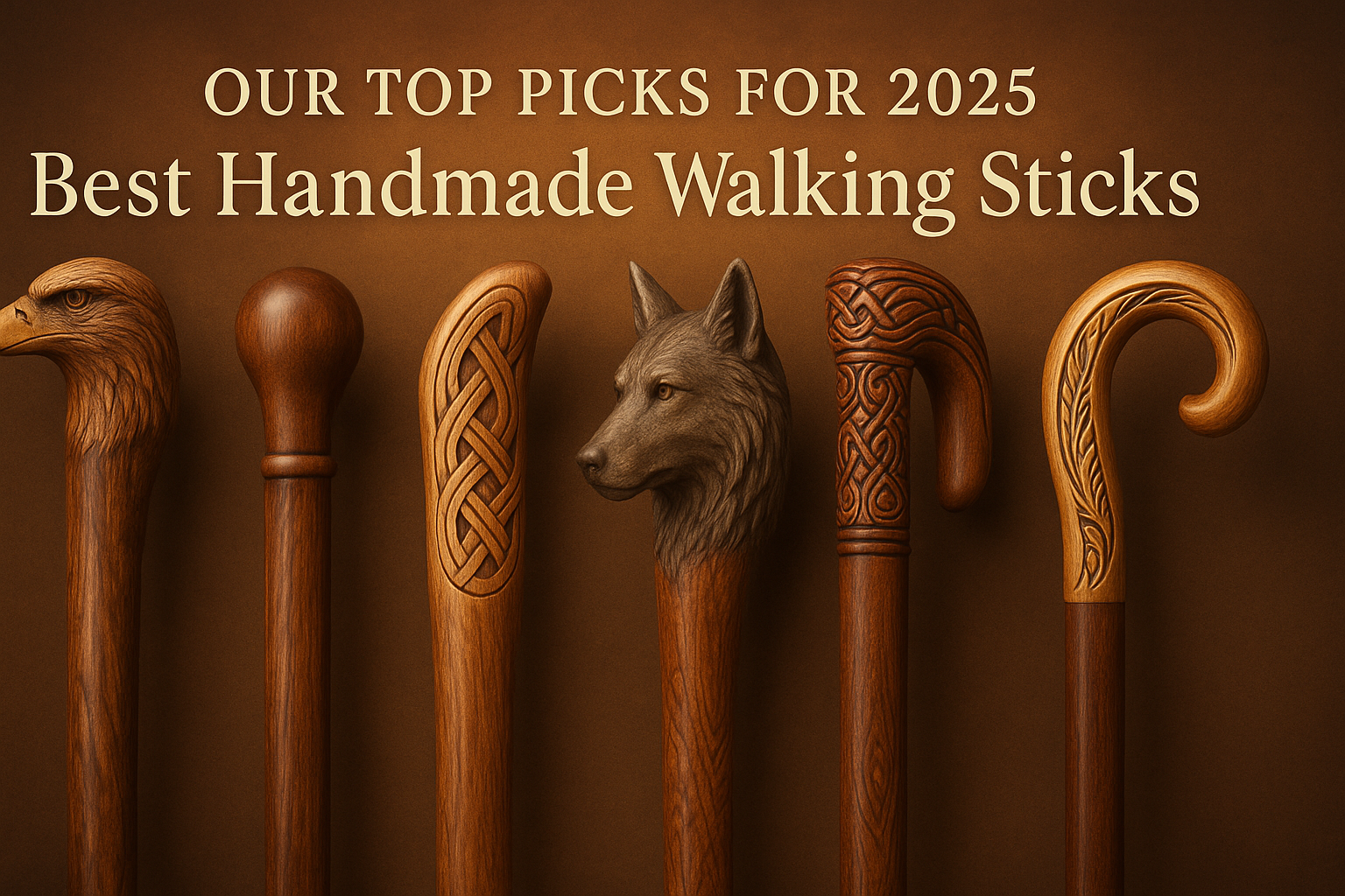 generate a banner of Our Top Picks for 2025: Best Handmade Walking Sticks